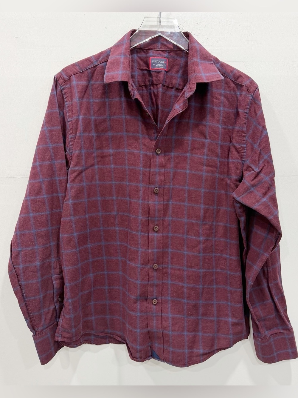 UnTuckit Cotton Long Sleeve Button Up Shirt Red Blue Grid Plaid Large